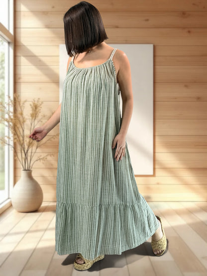 TERESA - ROBE LONGUE A RAYURE KAKI JUSQU'A LA TAILLE 54