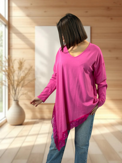 LOUNA - T-SHIRT FUCHSIA ASYMETRIQUE JUSQU'A LA TAILLE 50