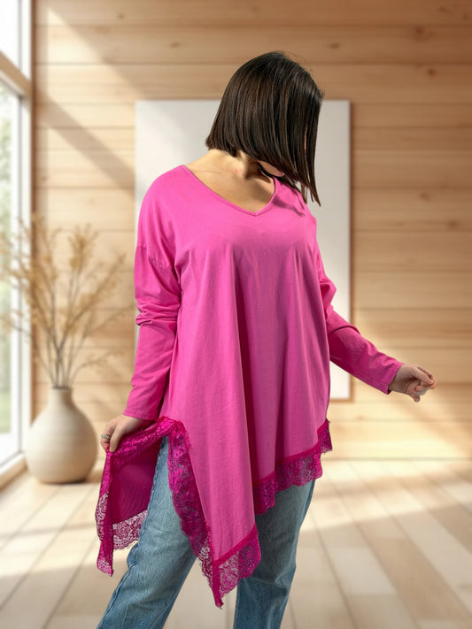 LOUNA - T-SHIRT FUCHSIA ASYMETRIQUE JUSQU'A LA TAILLE 50