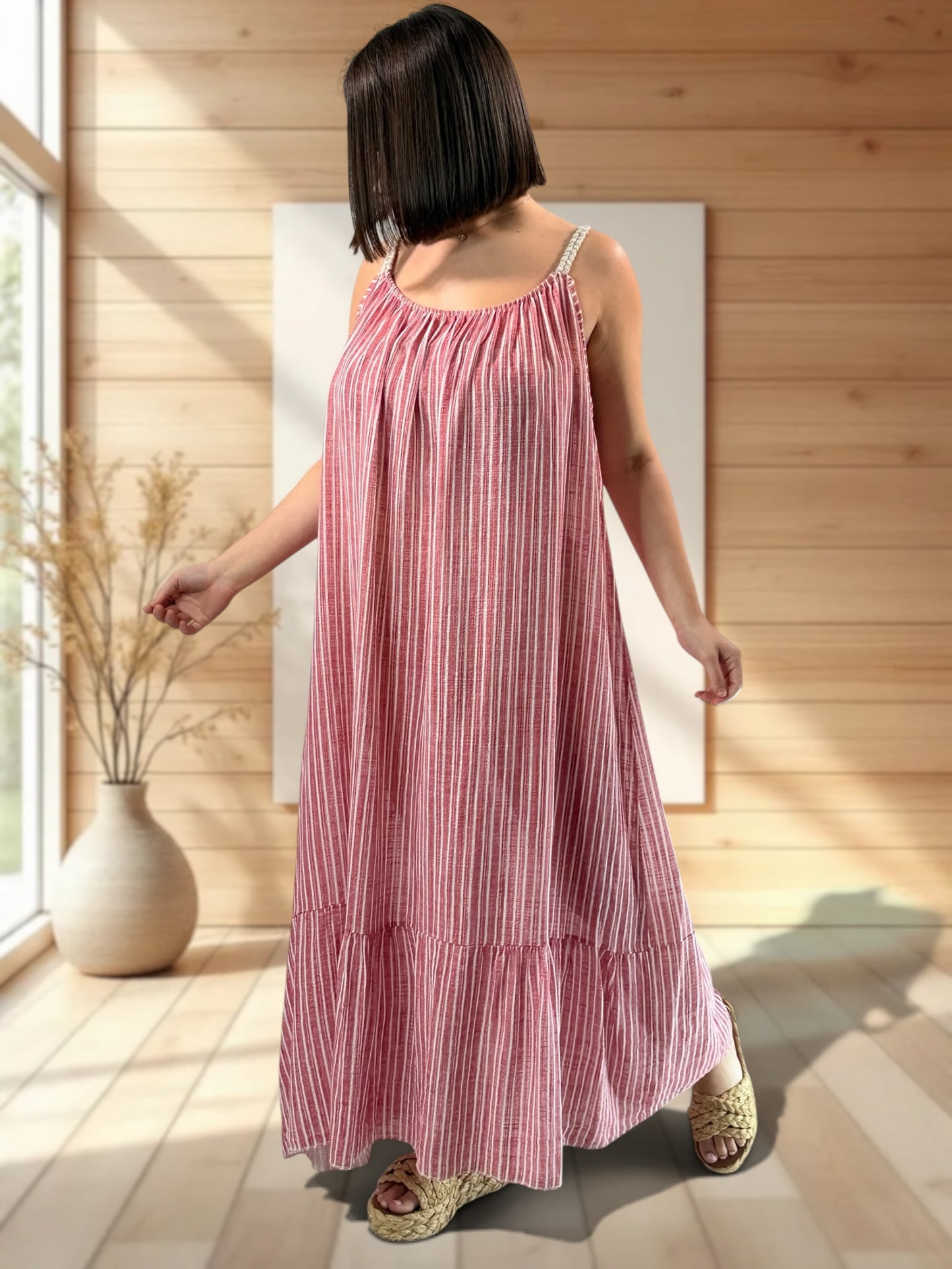TERESA - ROBE LONGUE A RAYURE ROUGE JUSQU'A LA TAILLE 54