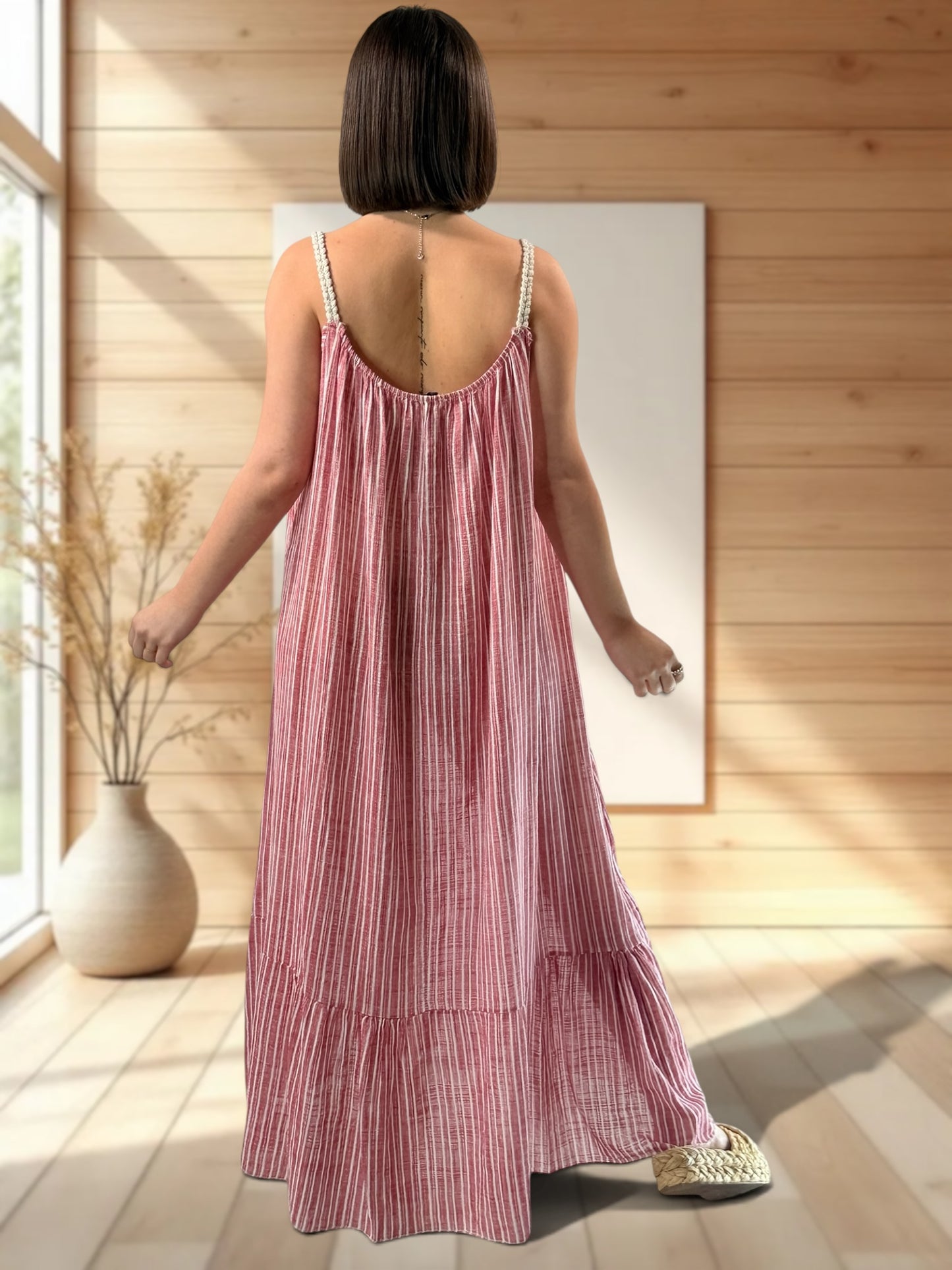 TERESA - ROBE LONGUE A RAYURE ROUGE JUSQU'A LA TAILLE 54