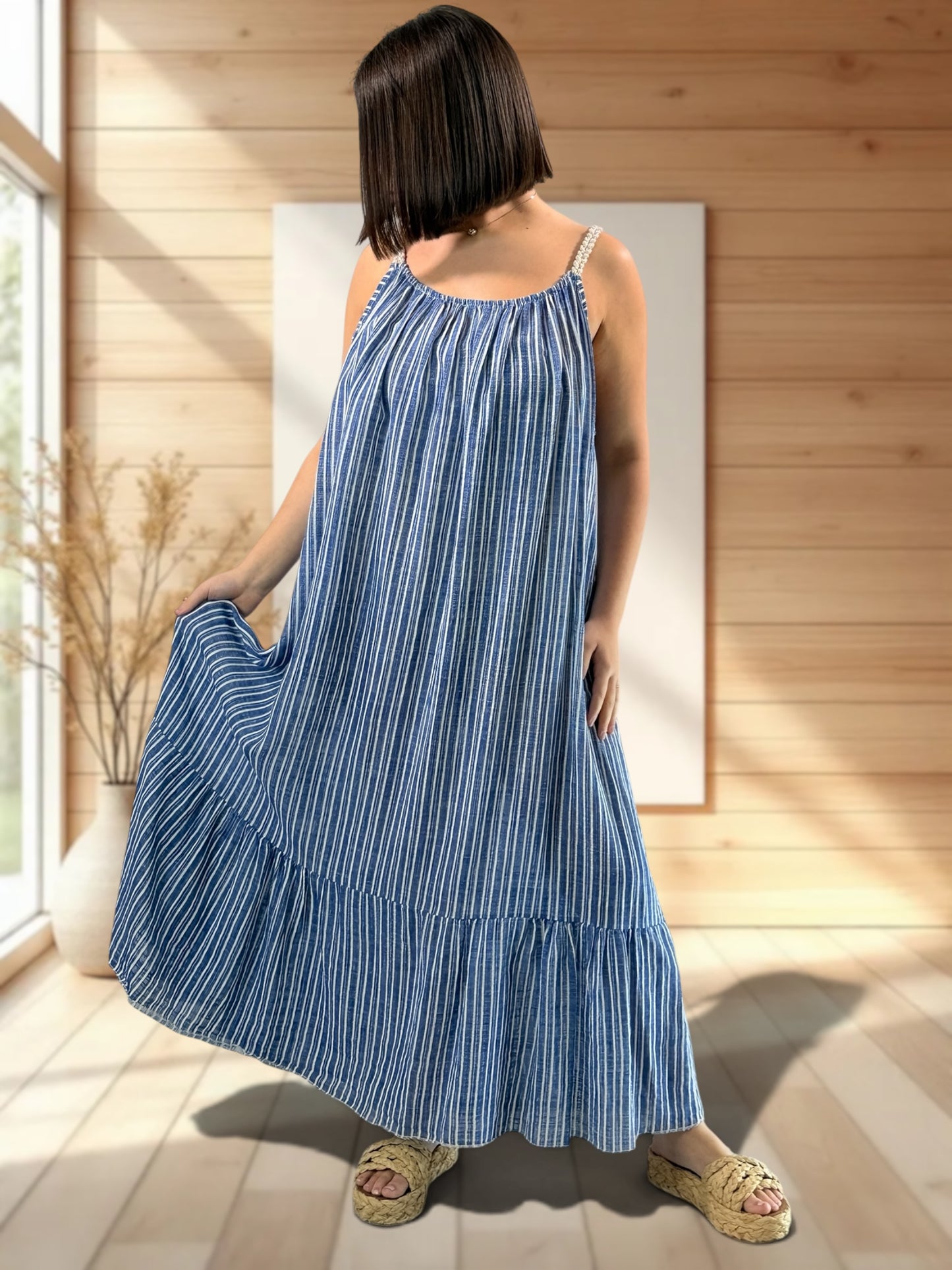 TERESA - ROBE LONGUE A RAYURE MARINE JUSQU'A LA TAILLE 54