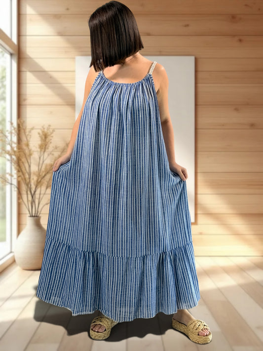 TERESA - ROBE LONGUE A RAYURE MARINE JUSQU'A LA TAILLE 54