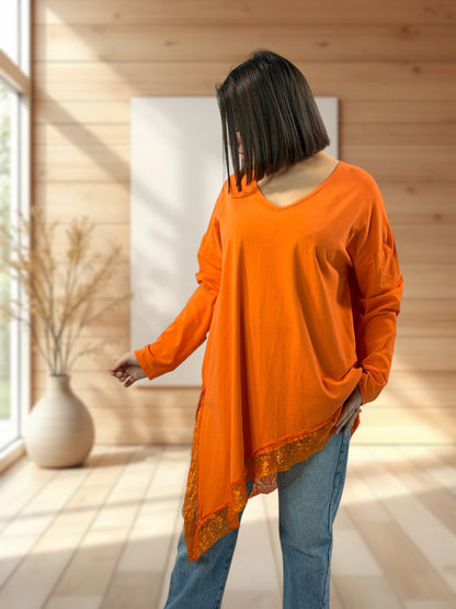 LOUNA - T-SHIRT ORANGE ASYMETRIQUE JUSQU'A LA TAILLE 50