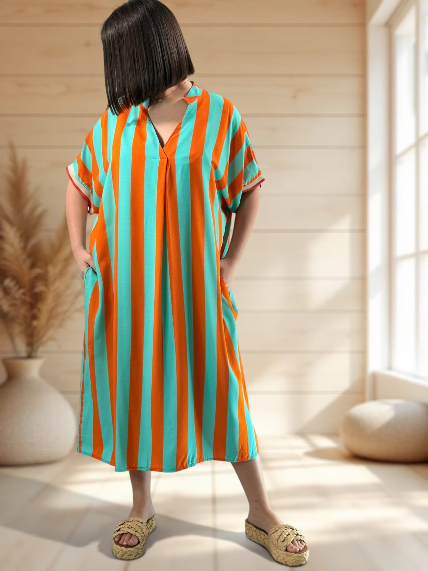 LALY - ROBE OVERSIZE A RAYURE ORANGE JUSQU'A LA TAILLE 54