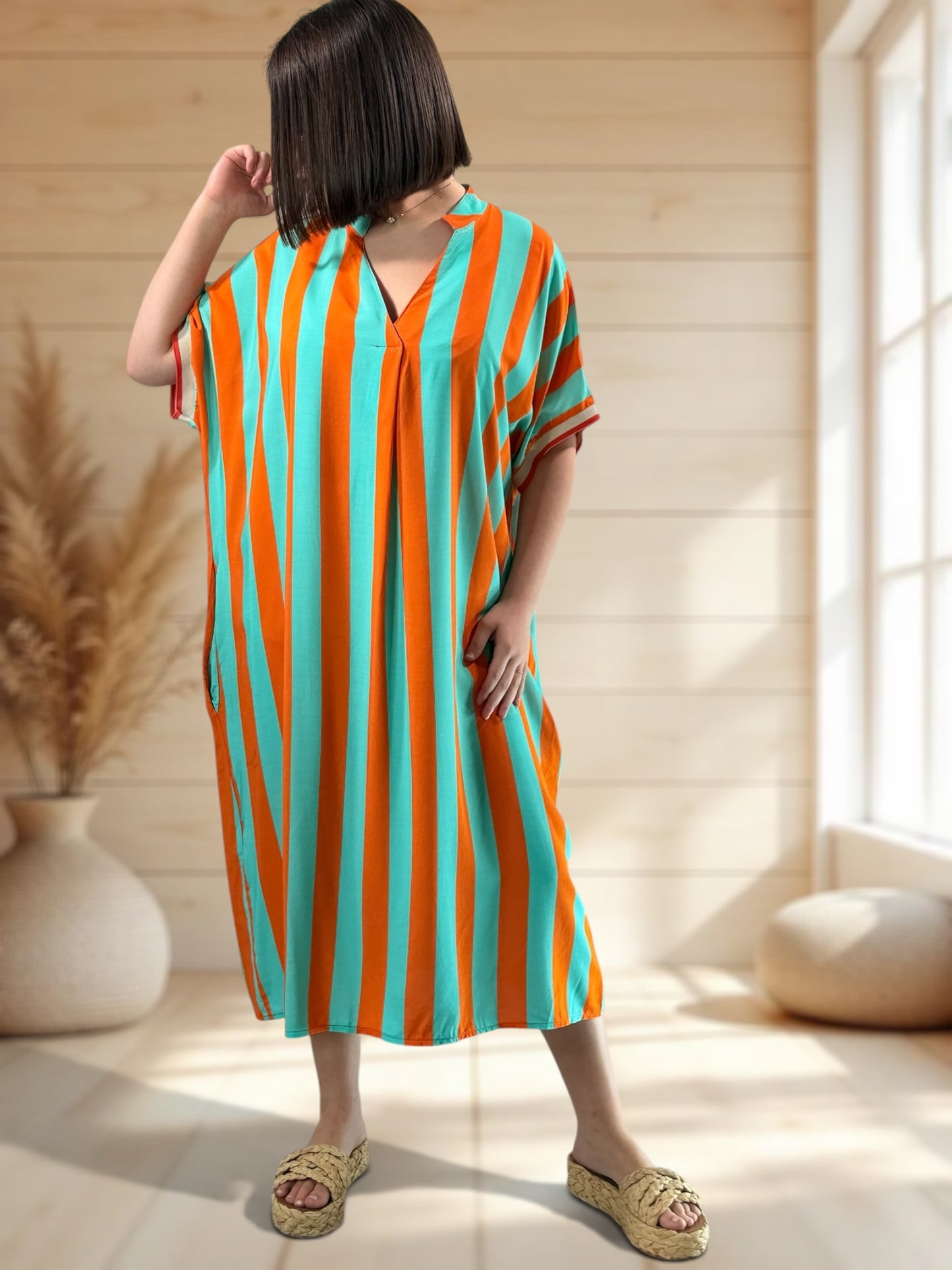 LALY - ROBE OVERSIZE A RAYURE ORANGE JUSQU'A LA TAILLE 54