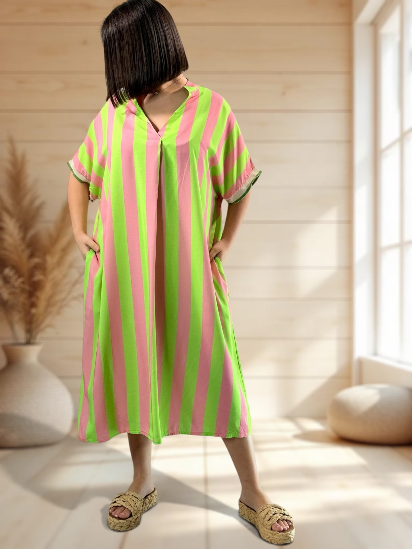 LALY - ROBE OVERSIZE A RAYURE ANIS JUSQU'A LA TAILLE 54