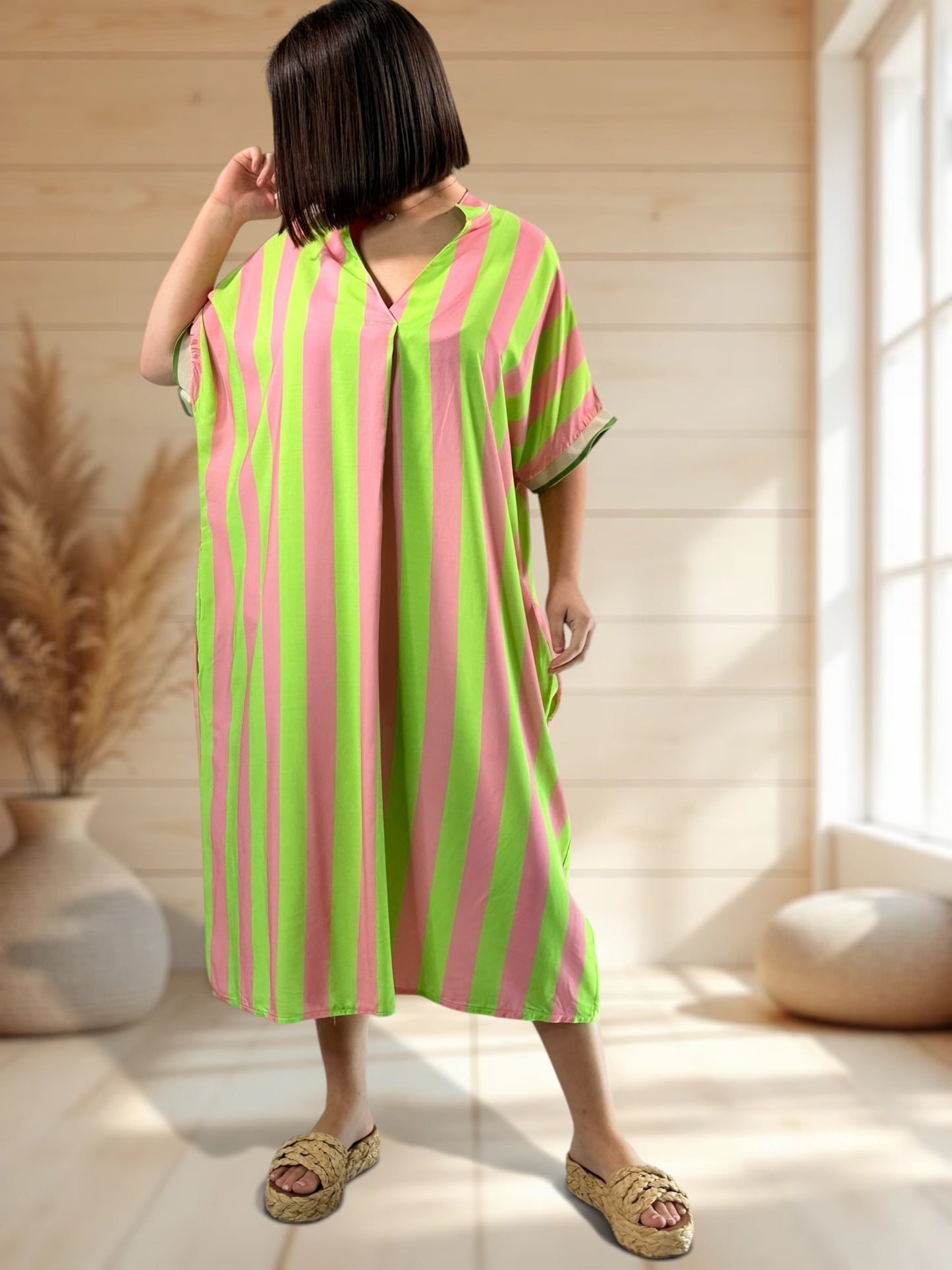 LALY - ROBE OVERSIZE A RAYURE ANIS JUSQU'A LA TAILLE 54