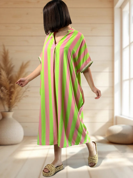 LALY - ROBE OVERSIZE A RAYURE ANIS JUSQU'A LA TAILLE 54