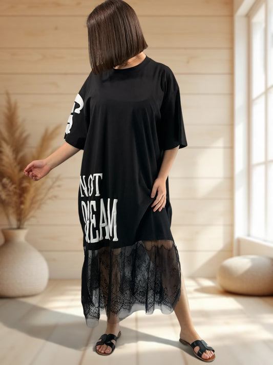 TYLER - ROBE NOIRE AVEC VOLANT DE TULLE ET DENTELLE JUSQU'A LA TAILLE 52