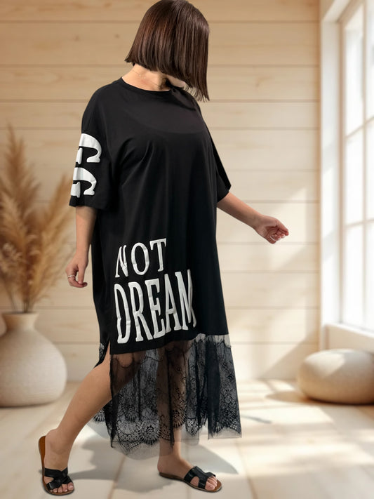 TYLER - ROBE NOIRE AVEC VOLANT DE TULLE ET DENTELLE JUSQU'A LA TAILLE 52