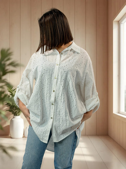 CAROLINA - CHEMISE OVERSIZE EN BRODERIE ANGLAISE BLANCHE JUSQU'A LA TAILLE 48