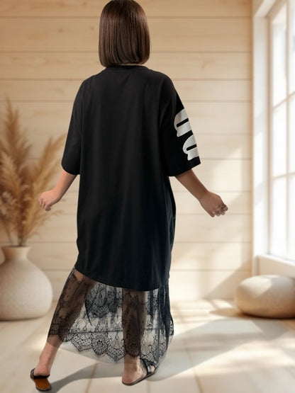 TYLER - ROBE NOIRE AVEC VOLANT DE TULLE ET DENTELLE JUSQU'A LA TAILLE 52
