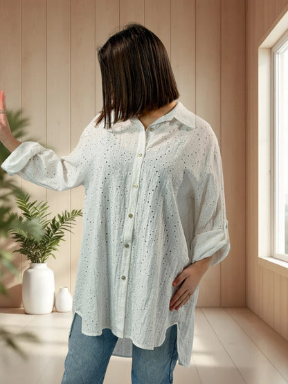 CAROLINA - CHEMISE OVERSIZE EN BRODERIE ANGLAISE BLANCHE JUSQU'A LA TAILLE 48