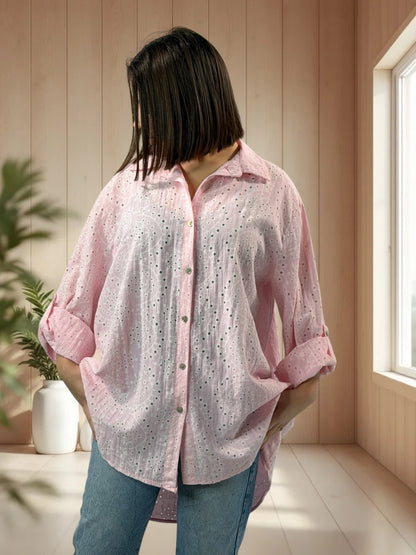 CAROLINA - CHEMISE OVERSIZE EN BRODERIE ANGLAISE ROSE JUSQU'A LA TAILLE 48