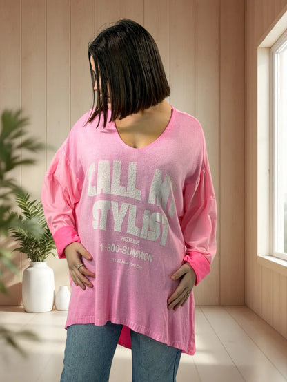 SOPHIA - TEE-SHIRT OVERSIZE ROSE BI-MATIERE JUSQU'A LA TAILLE 56