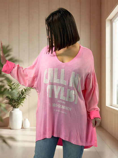 SOPHIA - TEE-SHIRT OVERSIZE ROSE BI-MATIERE JUSQU'A LA TAILLE 56