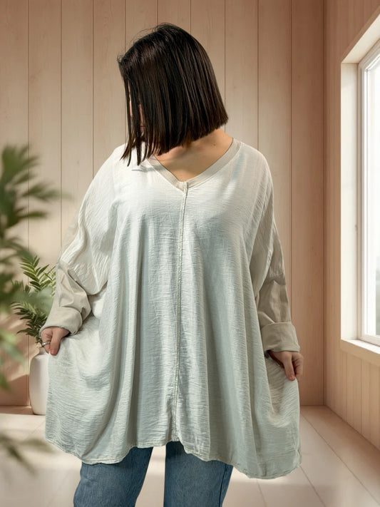 ROSALIE - TOP BEIGE BI-MATIERE OVERSIZE JUSQU'A LA TAILLE 58/60