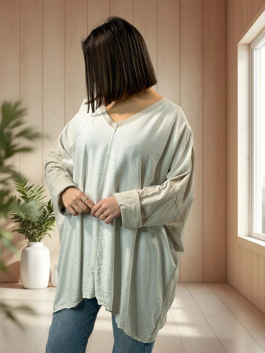 ROSALIE - TOP BEIGE BI-MATIERE OVERSIZE JUSQU'A LA TAILLE 58/60