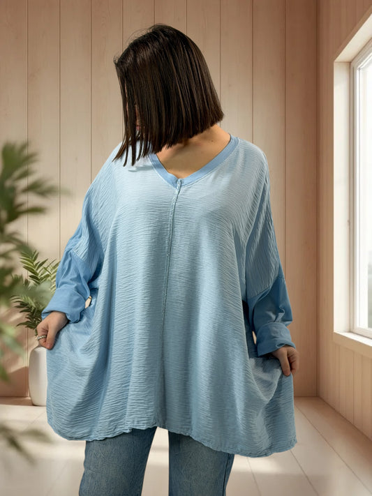 ROSALIE - TOP BLEU BI-MATIERE OVERSIZE JUSQU'A LA TAILLE 58/60