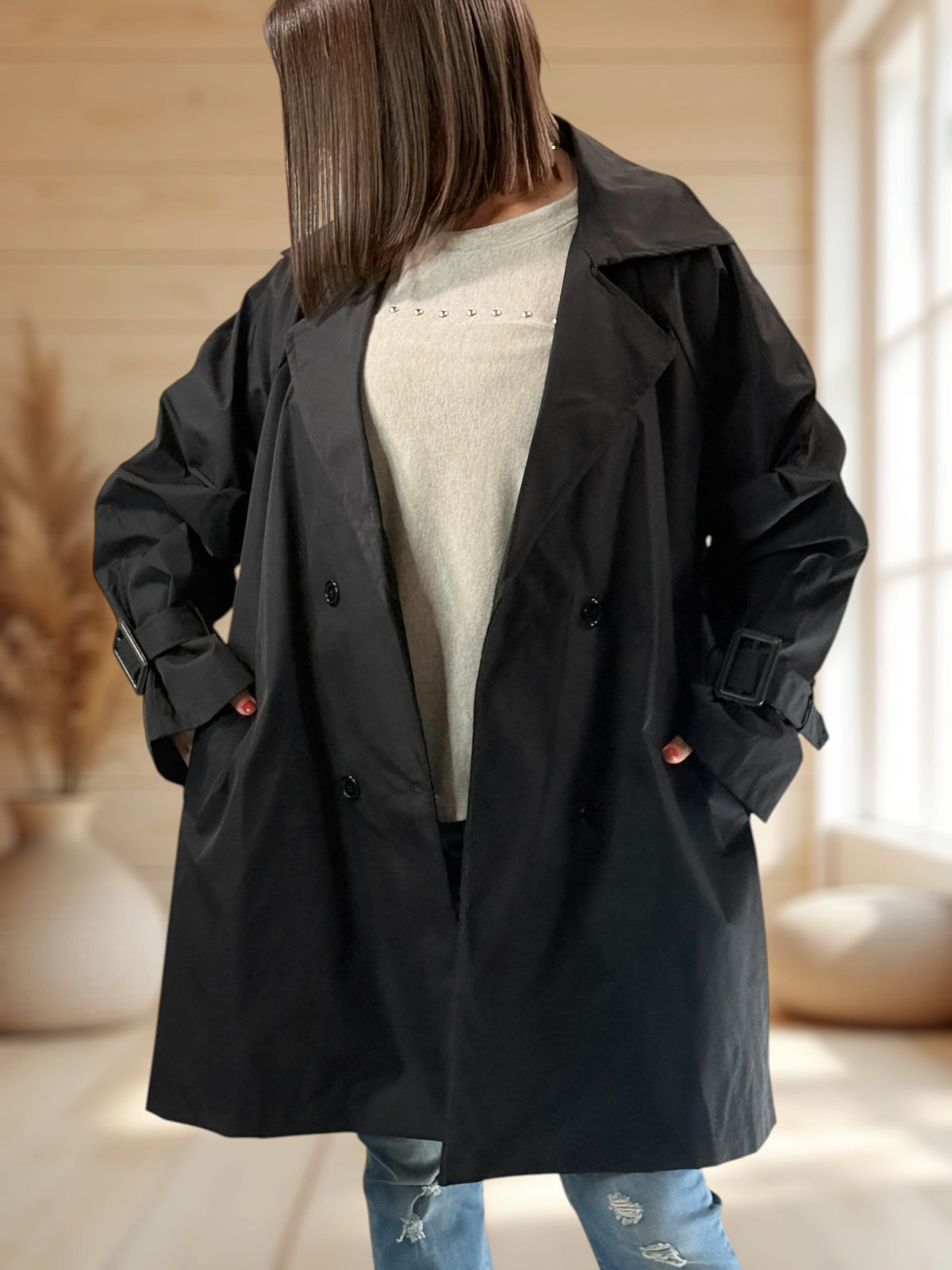 DAVINA - TRENCH NOIR DEPERLANT JUSQU'A LA TAILLE 56