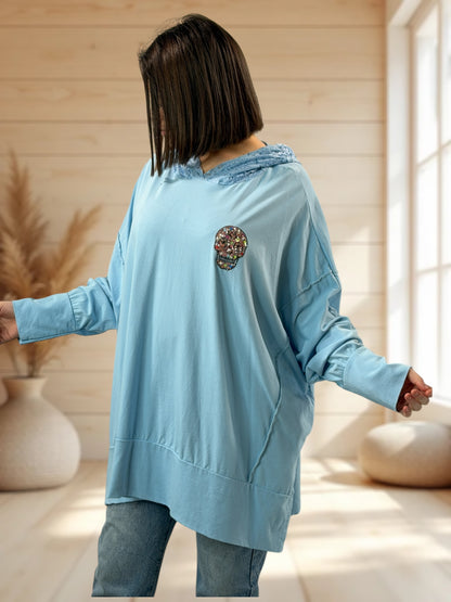 CARACAS - TEE-SHIRT BLEU OVERSIZE CAPUCHE EN DENTELLE JUSQU'A LA TAILLE 58