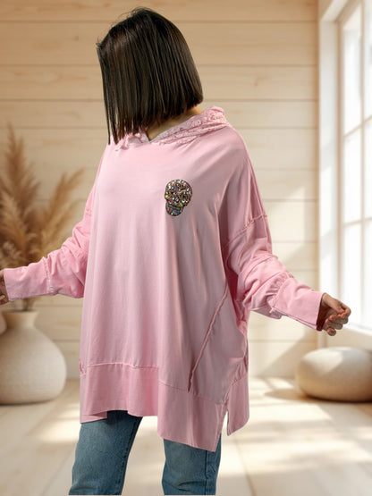 CARACAS - TEE-SHIRT ROSE OVERSIZE CAPUCHE EN DENTELLE JUSQU'A LA TAILLE 58
