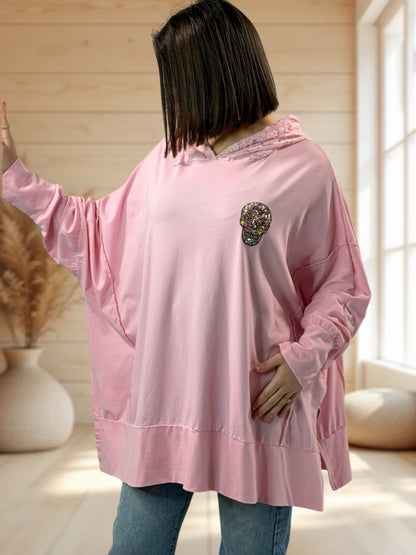 CARACAS - TEE-SHIRT ROSE OVERSIZE CAPUCHE EN DENTELLE JUSQU'A LA TAILLE 58