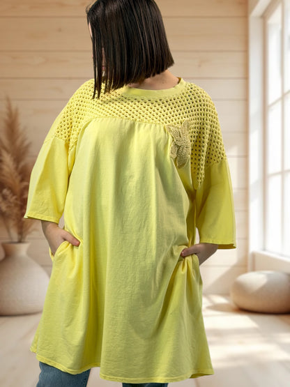 MARION  - TUNIQUE JAUNE EN COTON HAUT EN CROCHET JUSQU'A LA TAILLE 56