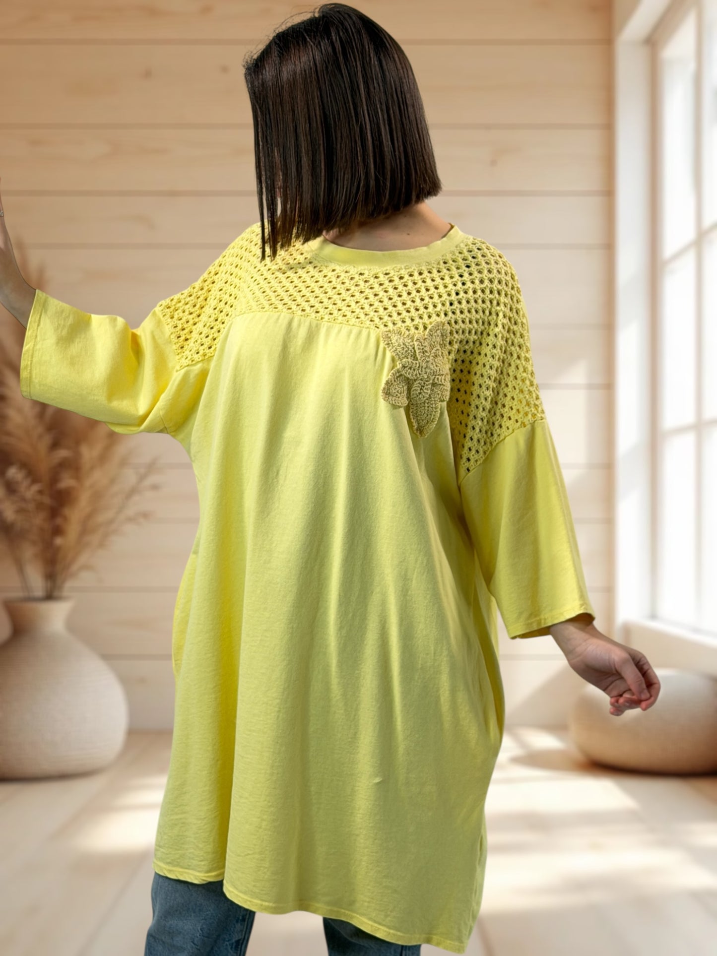 MARION  - TUNIQUE JAUNE EN COTON HAUT EN CROCHET JUSQU'A LA TAILLE 56