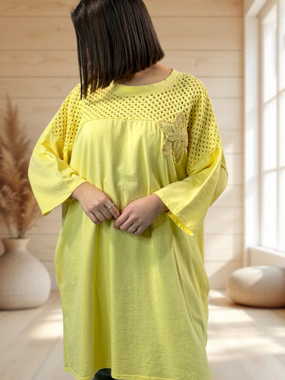 MARION  - TUNIQUE JAUNE EN COTON HAUT EN CROCHET JUSQU'A LA TAILLE 56