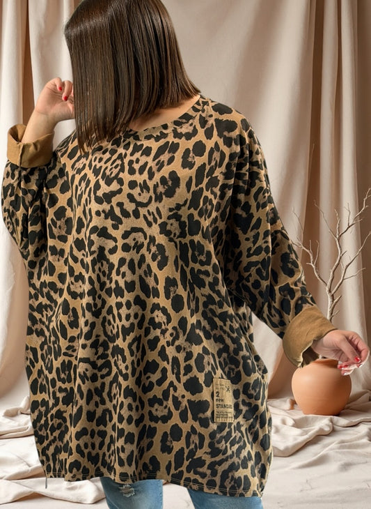 SAVANE - SWEAT OVERSIZE LEOPARD CAMEL JUSQU'A LA TAILLE 56/58