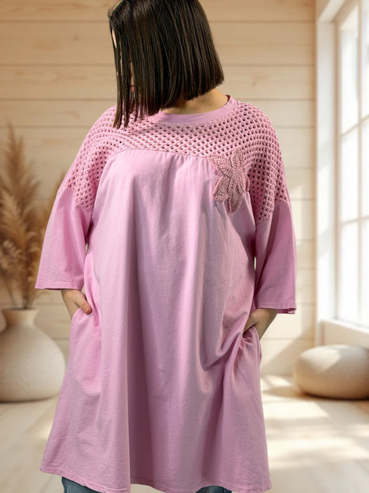 MARION  - TUNIQUE ROSE EN COTON HAUT EN CROCHET JUSQU'A LA TAILLE 56