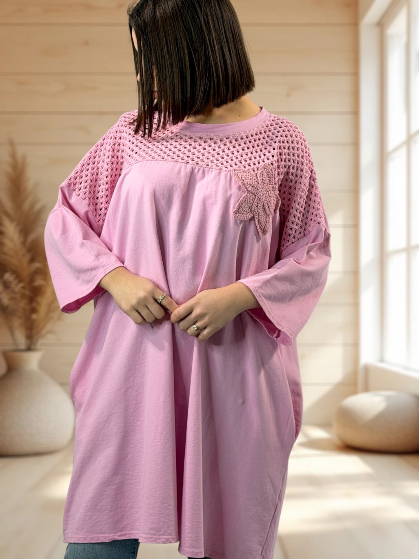 MARION  - TUNIQUE ROSE EN COTON HAUT EN CROCHET JUSQU'A LA TAILLE 56