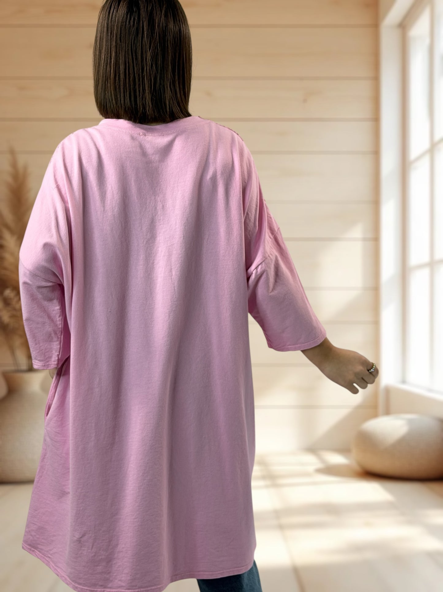 MARION  - TUNIQUE ROSE EN COTON HAUT EN CROCHET JUSQU'A LA TAILLE 56