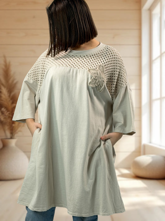 MARION  - TUNIQUE BEIGE EN COTON HAUT EN CROCHET JUSQU'A LA TAILLE 56