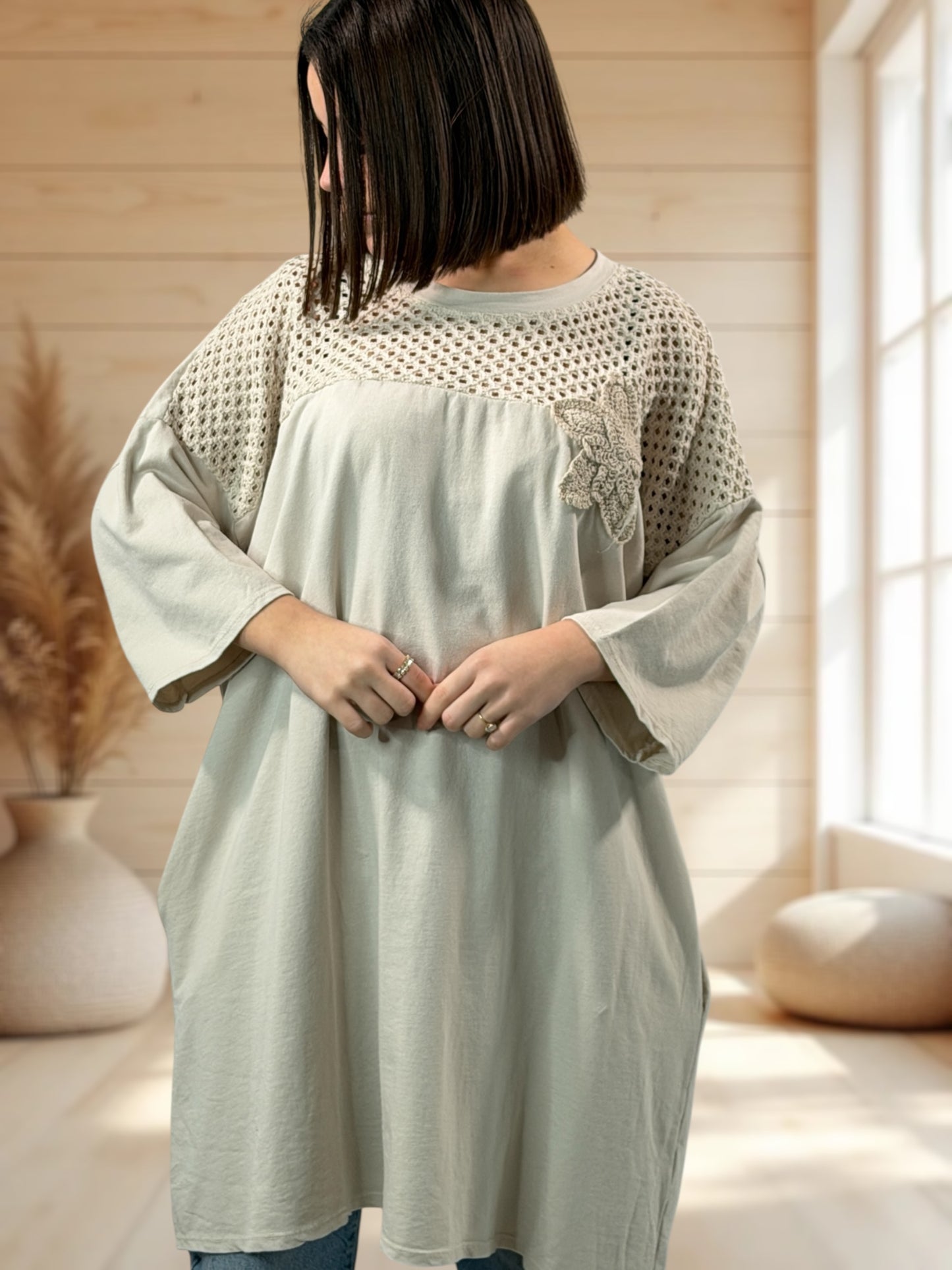 MARION  - TUNIQUE BEIGE EN COTON HAUT EN CROCHET JUSQU'A LA TAILLE 56