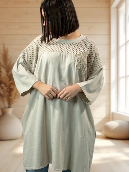MARION  - TUNIQUE BEIGE EN COTON HAUT EN CROCHET JUSQU'A LA TAILLE 56