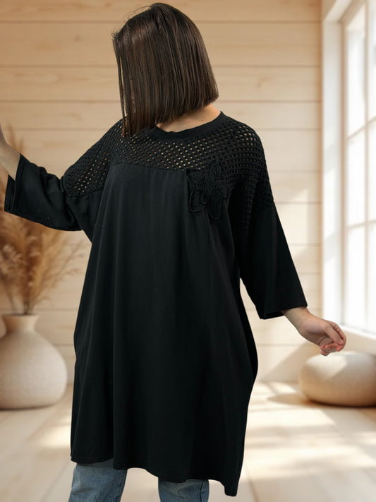 MARION  - TUNIQUE NOIRE EN COTON HAUT EN CROCHET JUSQU'A LA TAILLE 56