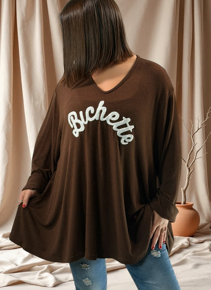 BICHETTE - PULL MARRON EN MAILLE FLUIDE JUSQU'A LA TAILLE 56