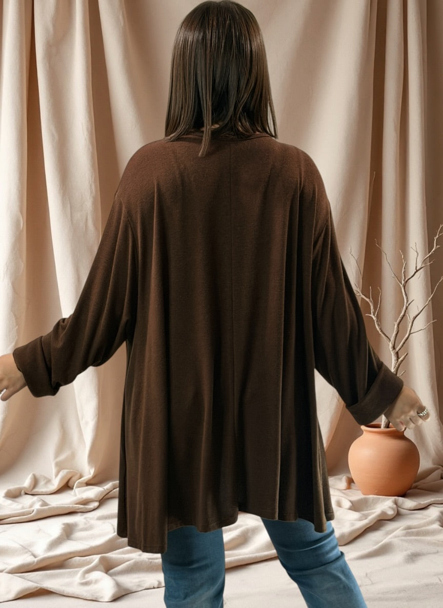 BICHETTE - PULL MARRON EN MAILLE FLUIDE JUSQU'A LA TAILLE 56
