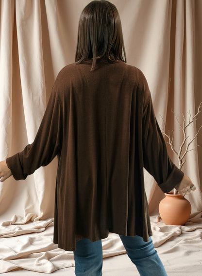 BICHETTE - PULL MARRON EN MAILLE FLUIDE JUSQU'A LA TAILLE 56