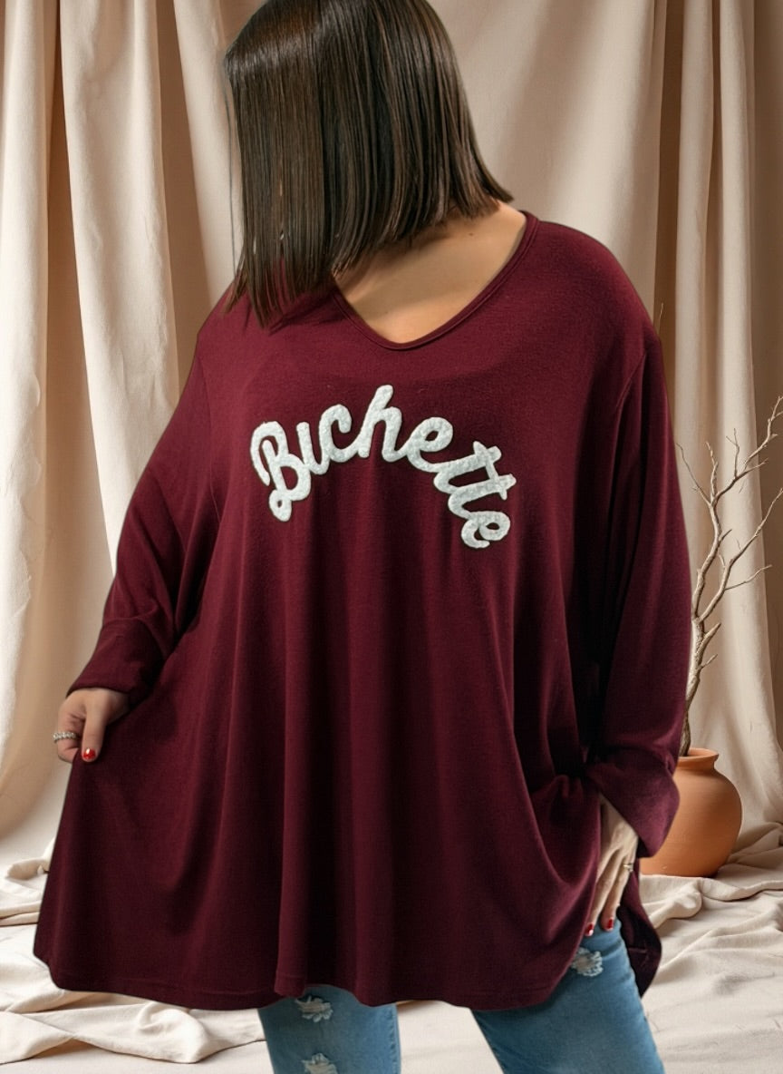 BICHETTE - PULL BORDEAUX EN MAILLE FLUIDE JUSQU'A LA TAILLE 56