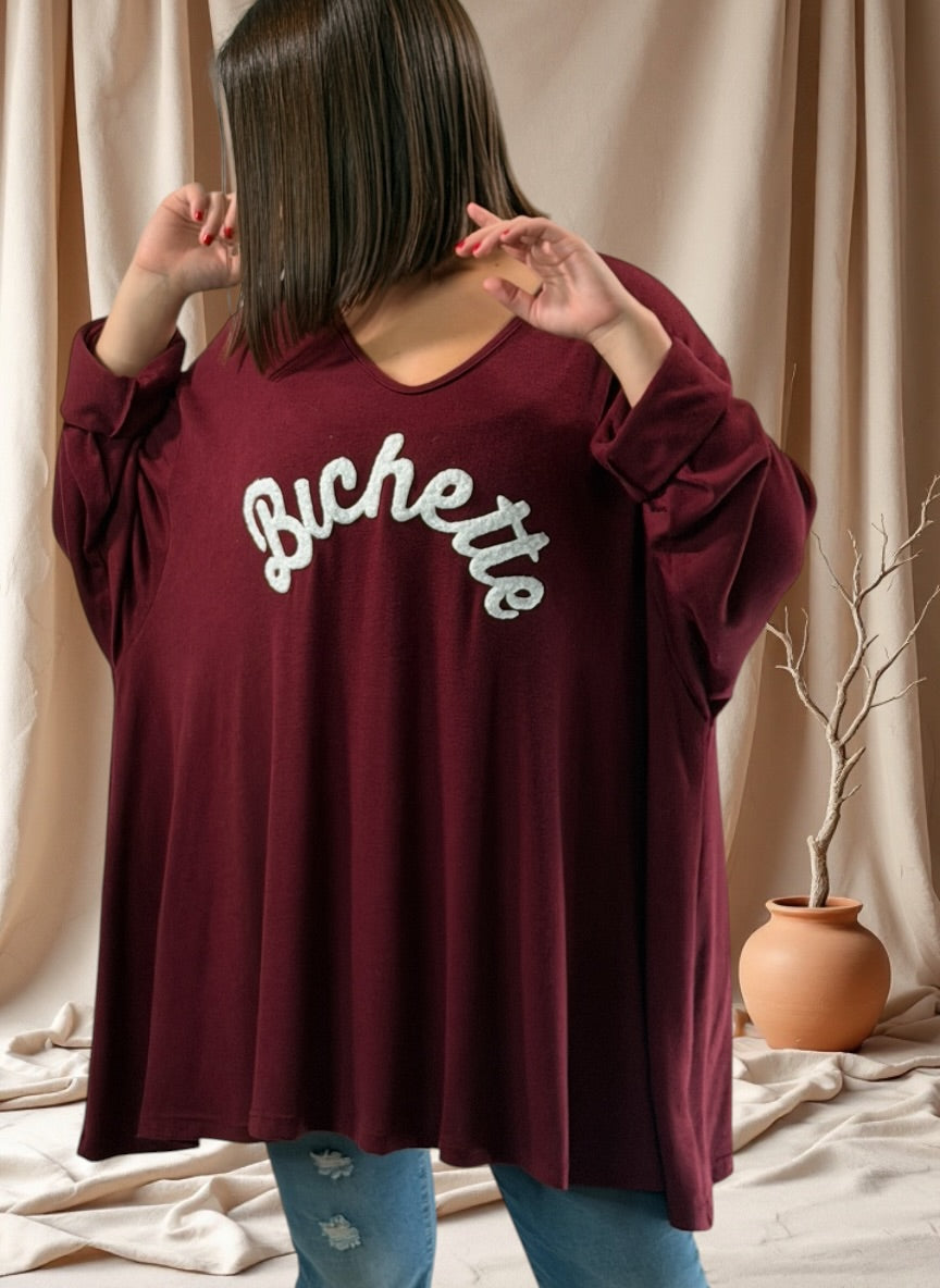 BICHETTE - PULL BORDEAUX EN MAILLE FLUIDE JUSQU'A LA TAILLE 56
