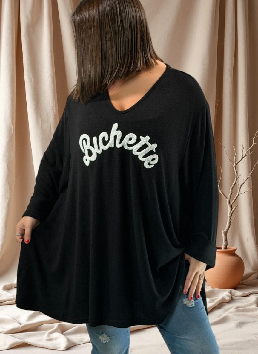 BICHETTE - PULL NOIR EN MAILLE FLUIDE JUSQU'A LA TAILLE 56/58