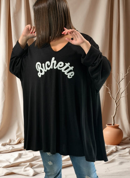 BICHETTE - PULL NOIR EN MAILLE FLUIDE JUSQU'A LA TAILLE 56/58