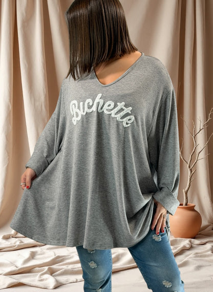 BICHETTE - PULL GRIS EN MAILLE FLUIDE JUSQU'A LA TAILLE 56