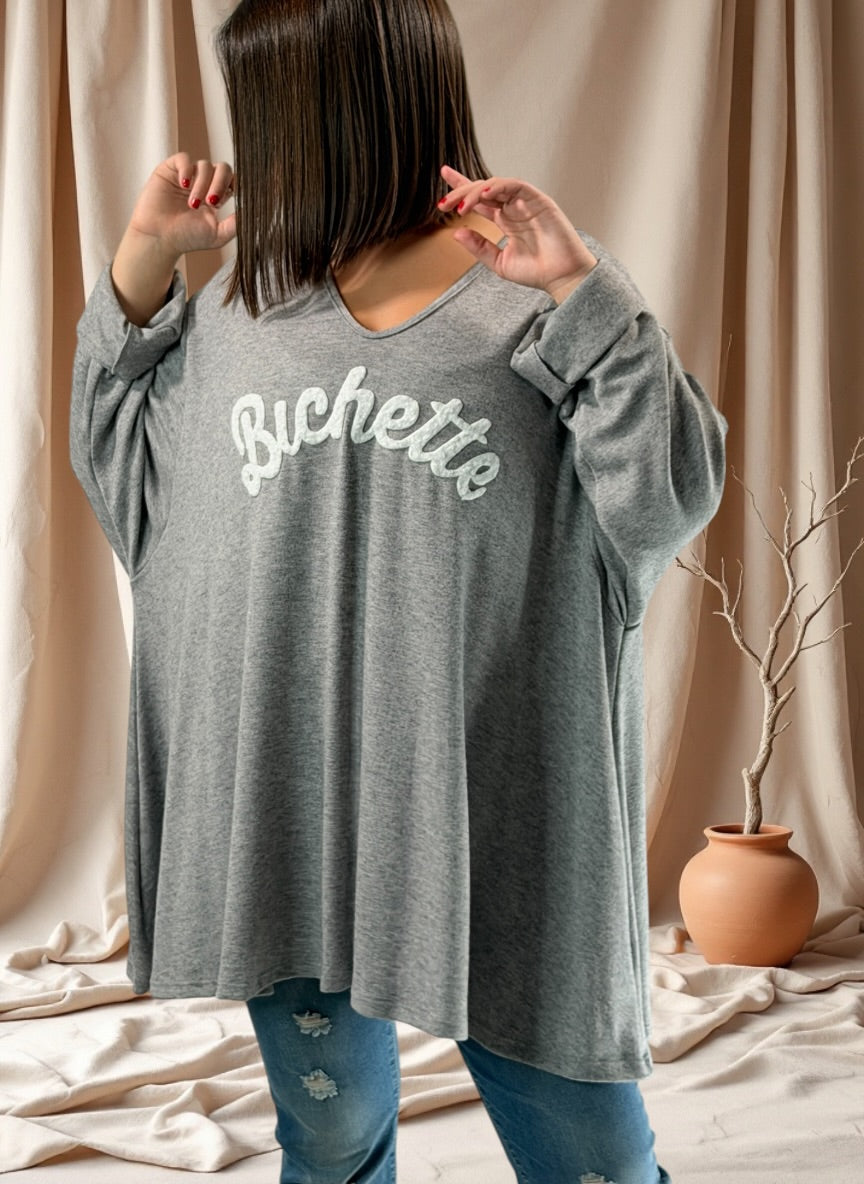 BICHETTE - PULL GRIS EN MAILLE FLUIDE JUSQU'A LA TAILLE 56