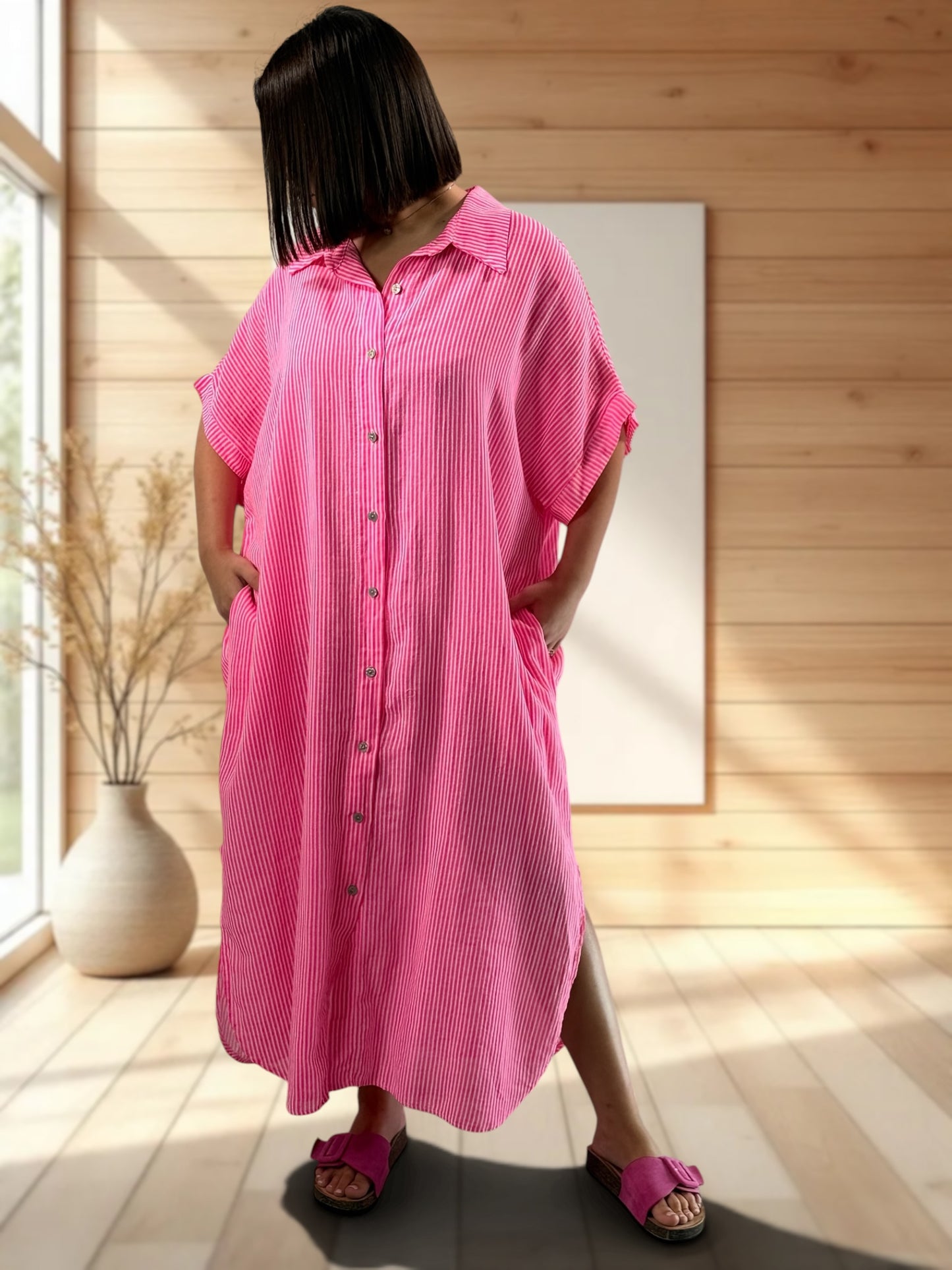 CHARLY - ROBE OVERSIZE FUCHSIA A RAYURE JUSQU'A LA TAILLE 54
