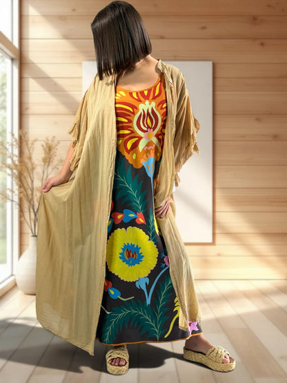 YOCO - ROBE OVERSIZE MARRON A MOTIF JUSQU'A LA TAILLE 50